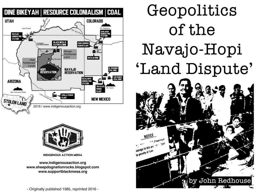 The black-and-white cover and back cover of a zine with a crowd of Native Americans behind a fence on the front cover (right) and a map of stolen land on the back cover (left)