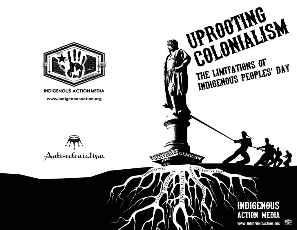 A Black and White zine with the title and an illustration of people pulling down a statue that has roots in the ground like a tree