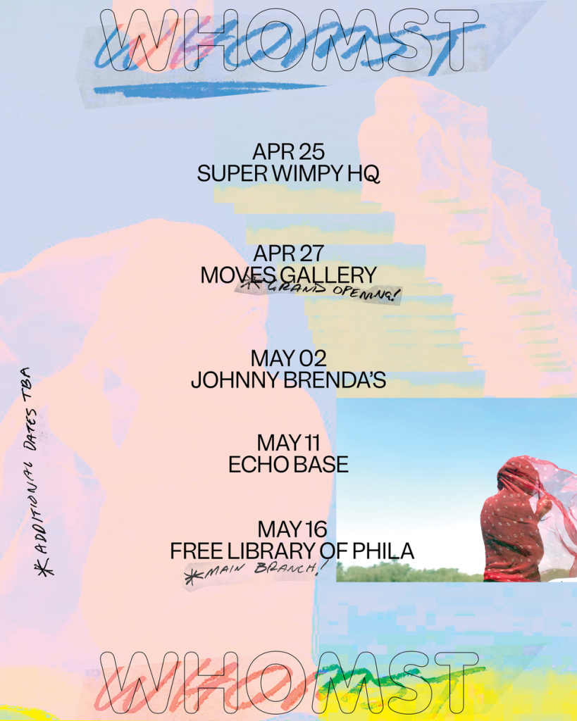 A colorful poster with a photograph situated towards the bottom right that overlays a pastel background, with two texts—one seemingly hand-scrawled—spelling out the artist’s name at the top and bottom.
