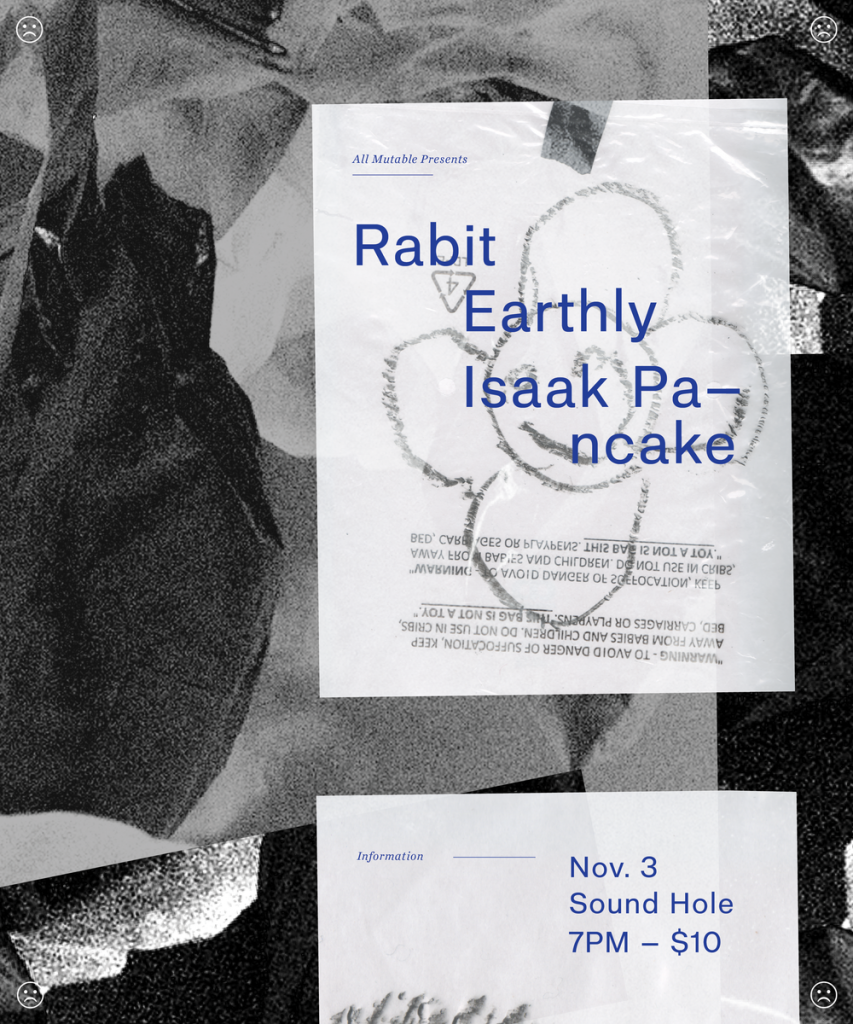 A black and white poster with layered navy blue text over intersected white rectangles with naive smiley flower doodles fading into the foreground.