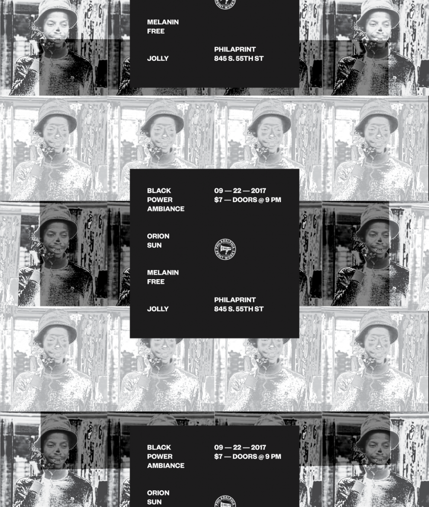 Black and white poster with a grid of repeated images of a man in a bucket hat and text with the details of a musical performance.