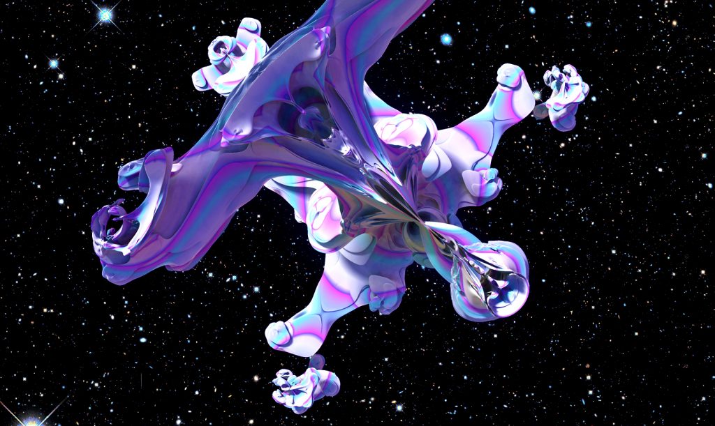 An abstract image of a purple sci-fi looking figure floating in outer space.