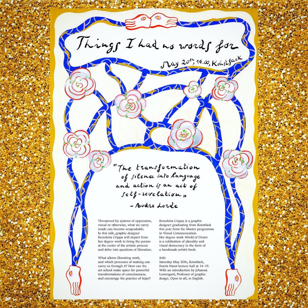 A poster with cursive writing and an illustration of roses connected with thick blue veins. The poster sits against a gold, glittery background.