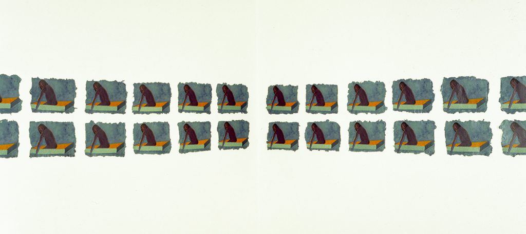Several small color screenprints of a figure rowing a green and orange boat with its hands. The same image is repeated over and over.