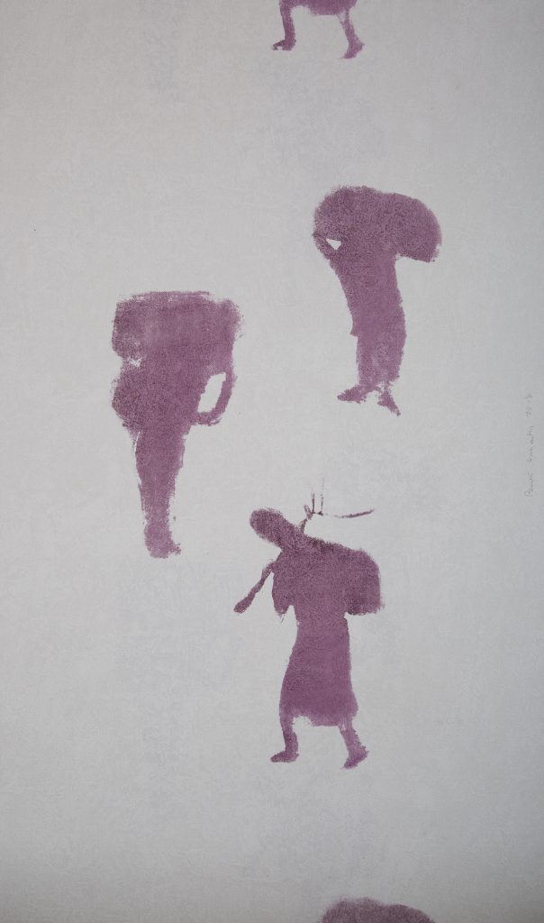 A close crop of a print on a big white sheet of wallpaper with purple images of figures on it. The figures look beleaguered and they almost look stamped on the paper.