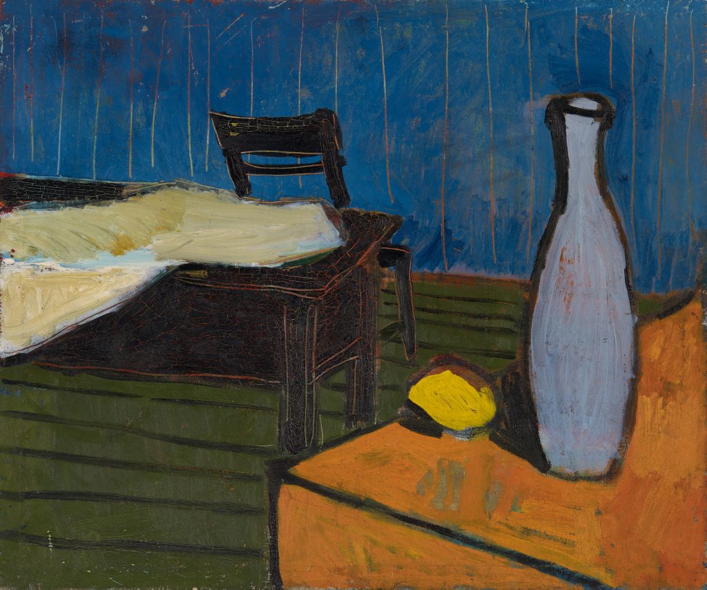 A painted still life of a vase on a counter and a wooden table and chair in the corner