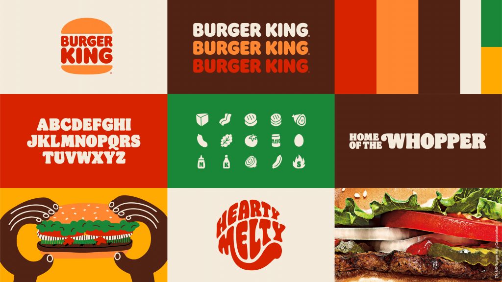 A gridded image showing different aspects of the Burger King branding, which gives off a kind of 70s, groovy vibe. The color scheme is brown, red, and orange, the typeface is bulbous and hippy-ish, and the illustrations are simple but striking.