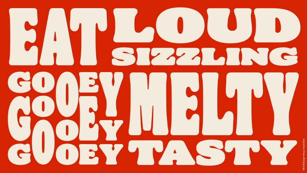 Big, retro, ’70s-looking text stretched out on a red background to display the font used in the branding. The words are things like "loud" "sizzle" and "melt."
