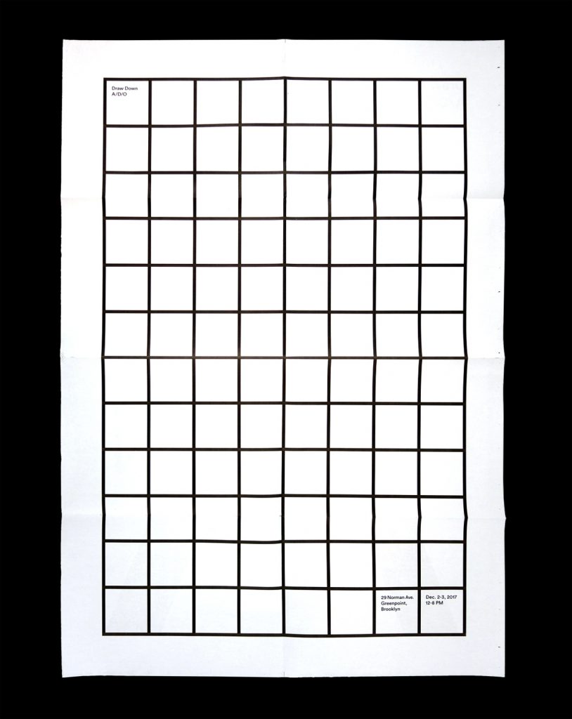 A black and white poster with a series of squares making a grid.