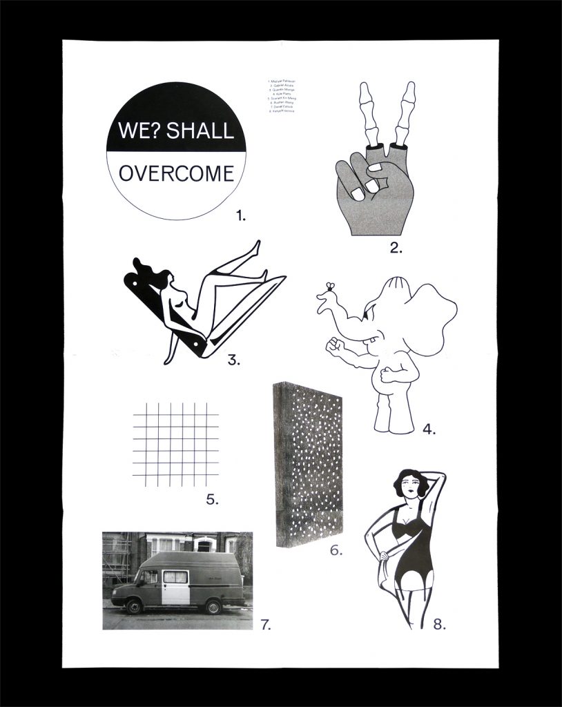 A black and white poster with small illustrations of people and animals.
