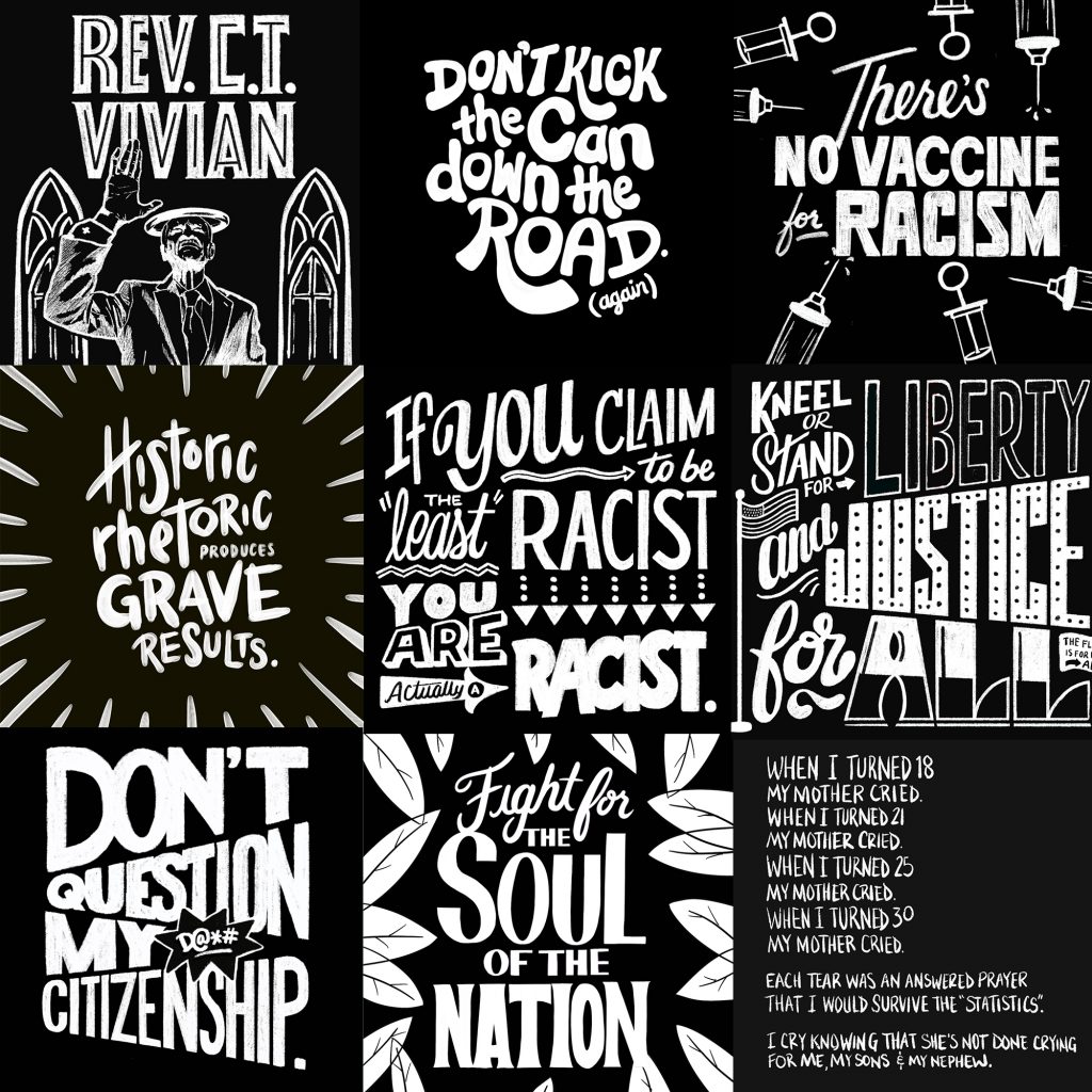 Nine illustrations in white laid out on a black grid. All of the illustrations include words, saying things like "Don’t question my citizenship" and "no vaccine racism"