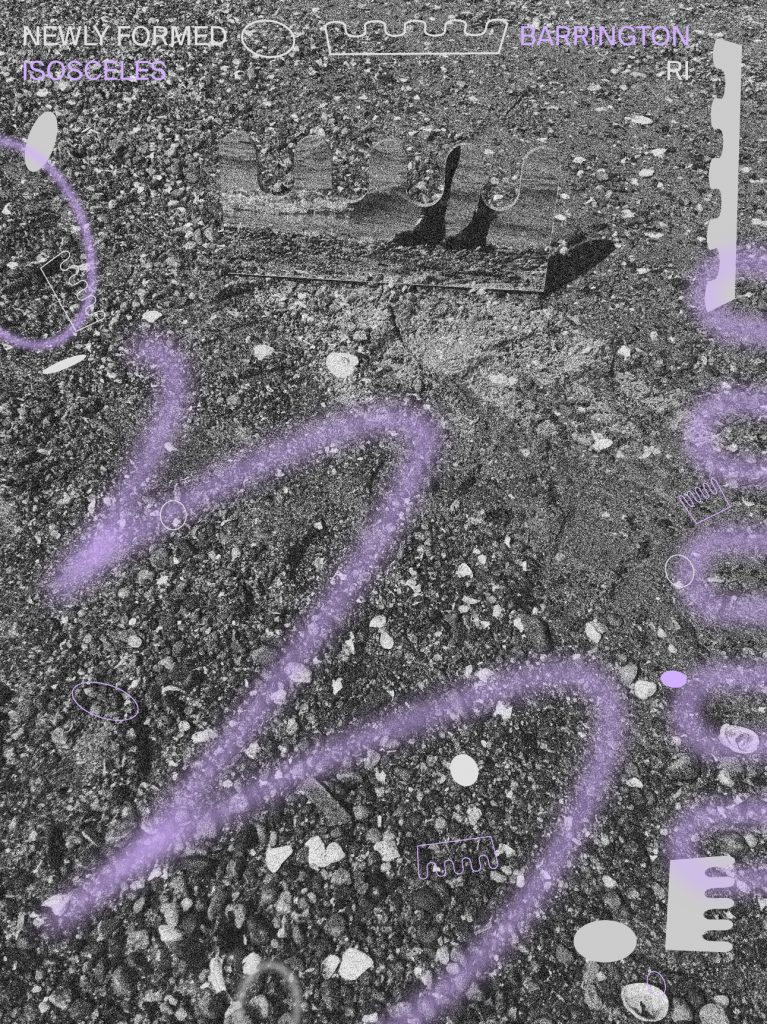 A poster with a sidewalk and purple spray paint on it.