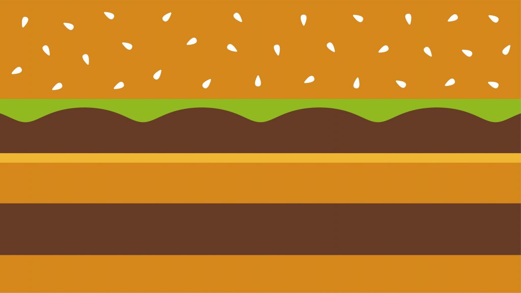 An illustration of a close up of a hamburger, slightly abstract with simple shapes and lines.