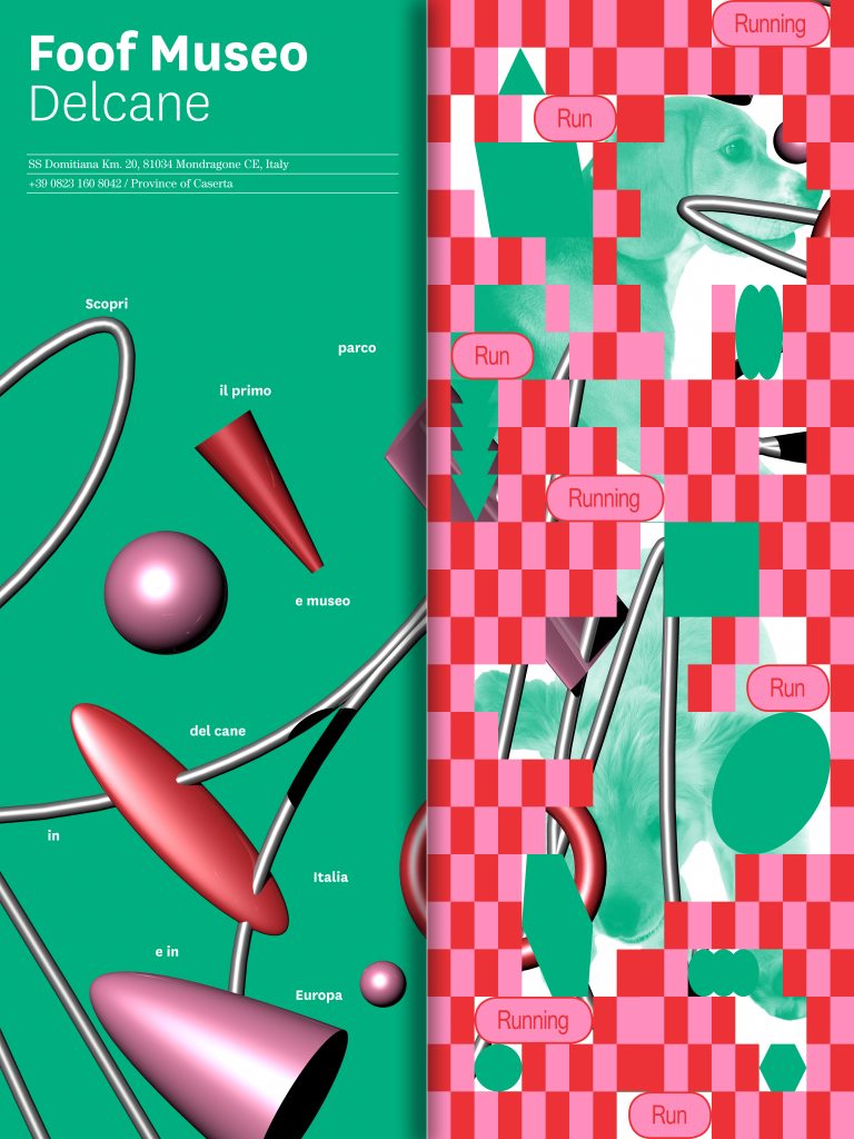 A poster with abstract shapes in pink and green.