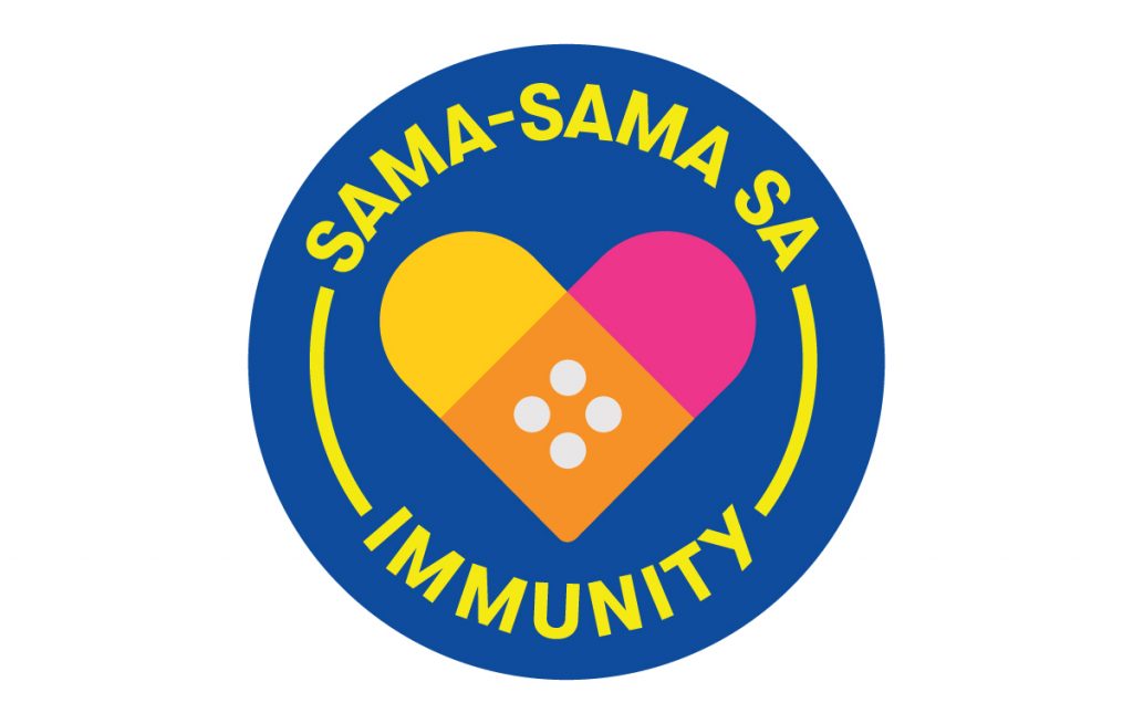 A blue sticker with Tagalog text around a symbol of two bandaids forming a heart.
