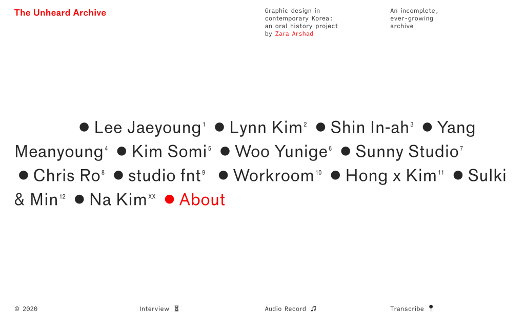A webpage with names of designers in black type against a white background.