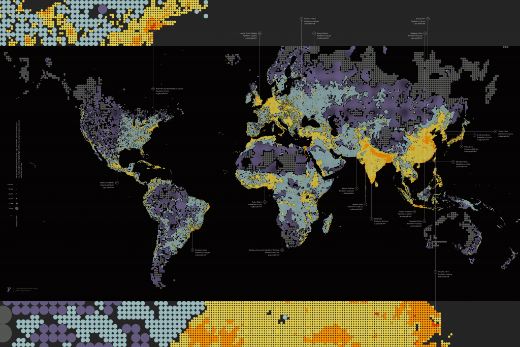 A pixelated heat map of the world displaying population density.