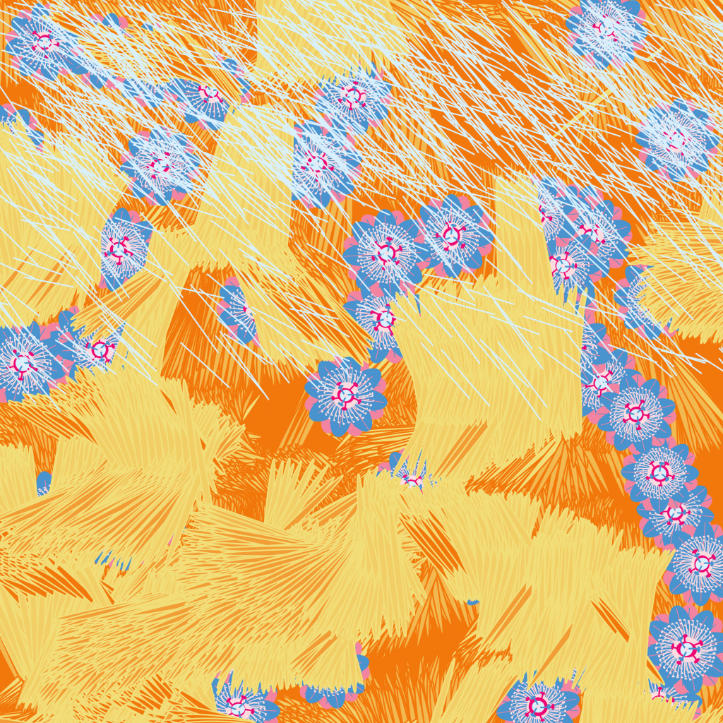 Computationally generated hand illustrated style, blue and pink flowers scattered across orange and yellow strokes in the background, overlaid with thin light blue lines.