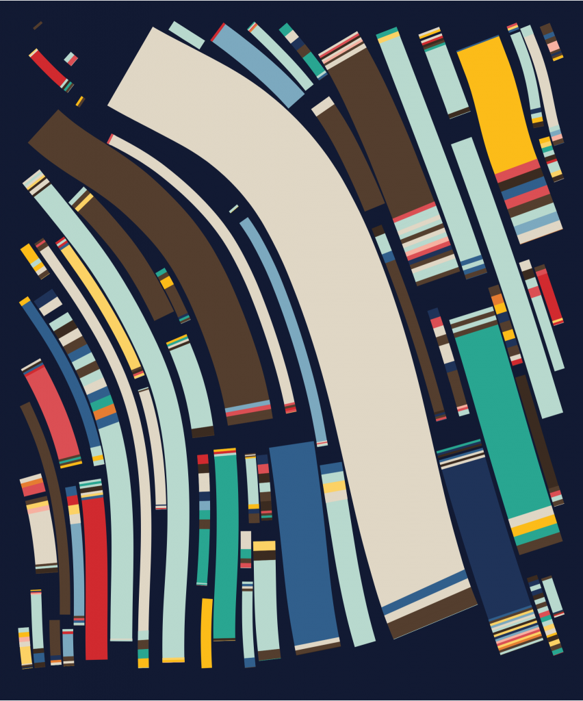 Thick rectangle squiggles of browns, blues, reds, and yellows move vertically across a navy background.