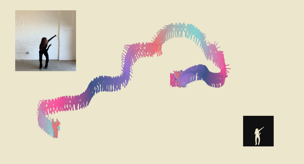 Two square videos show the artist dancing. The silhouette of the artist is repeated many times to draw a wavy line.