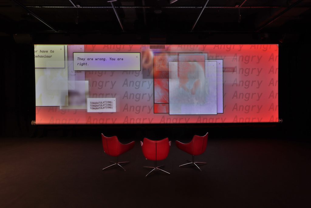 widescreen projection with overlapping windows and text they are wrong you are right, angry angry angry, congratulations